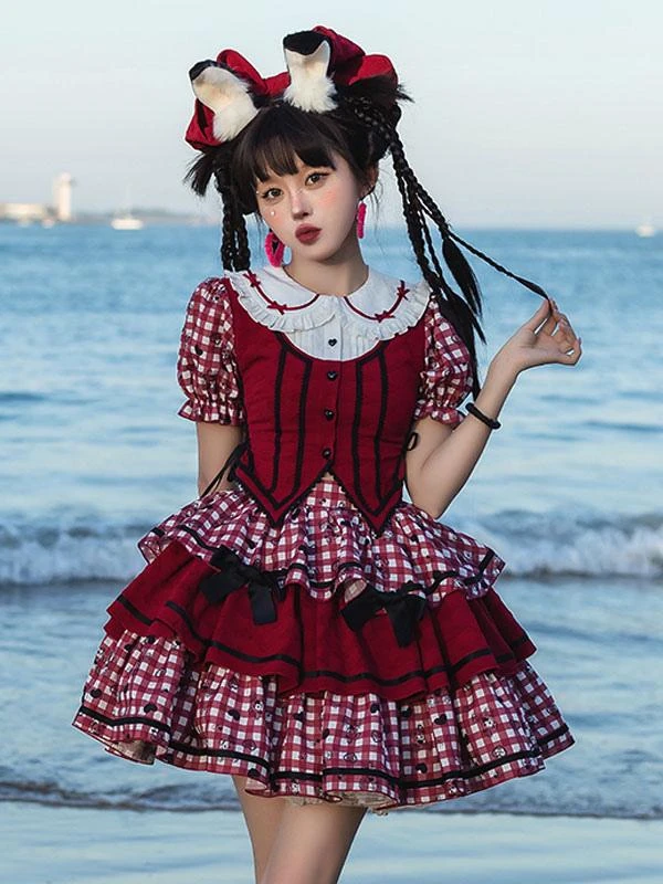 Sweet Lolita Outfits Red Plaid Bows Ruffles Short Sleeves Top Skirt - Image 2