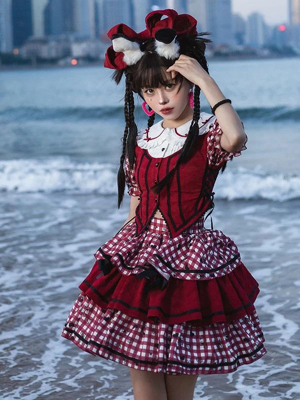 Sweet Lolita Outfits Red Plaid Bows Ruffles Short Sleeves Top Skirt - Image 3