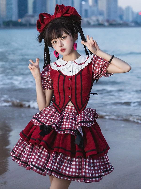 Sweet Lolita Outfits Red Plaid Bows Ruffles Short Sleeves Top Skirt - Image 4