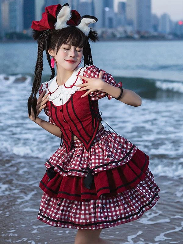 Sweet Lolita Outfits Red Plaid Bows Ruffles Short Sleeves Top Skirt - Image 5