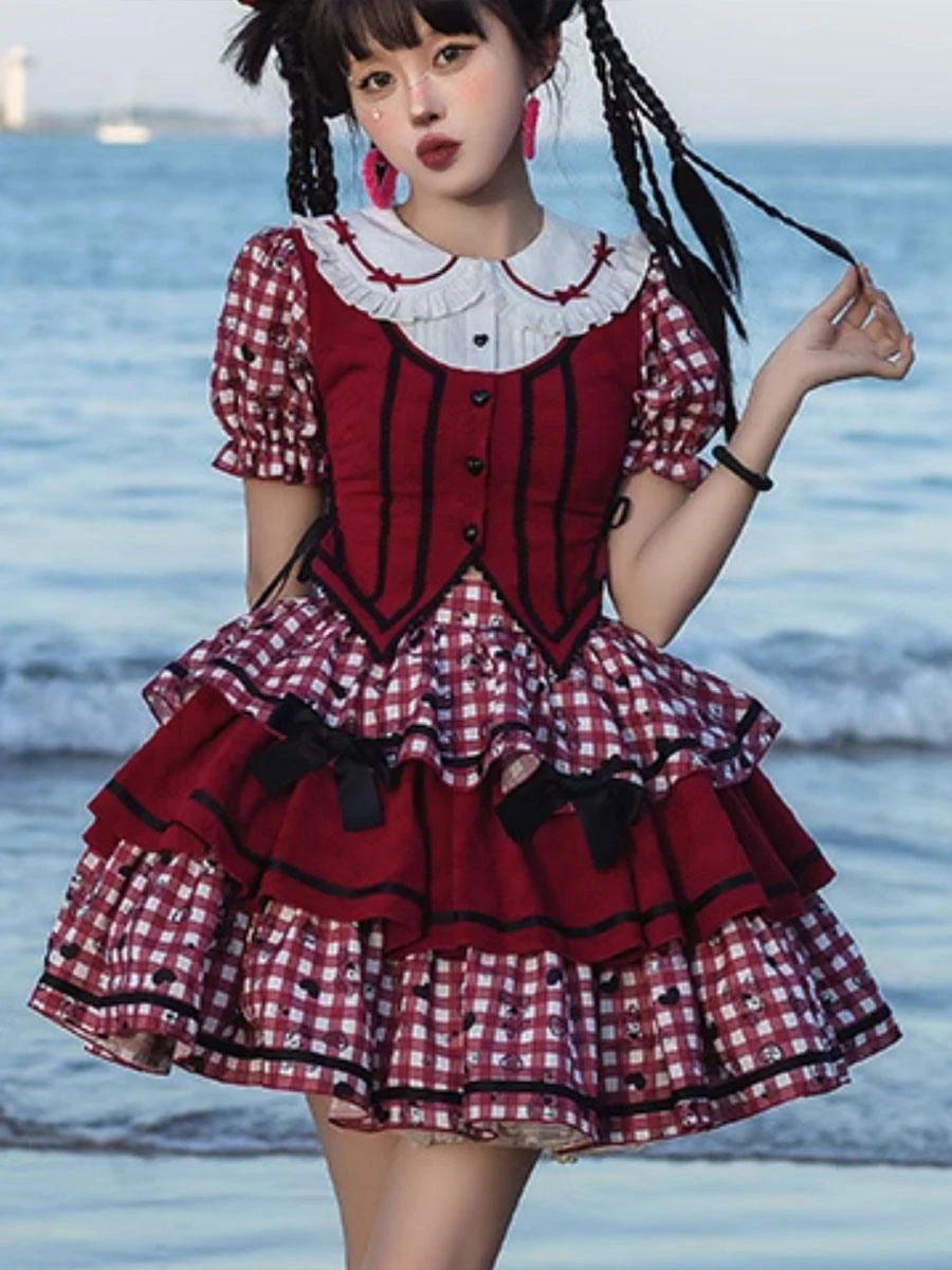 Sweet Lolita Outfits Red Plaid Bows Ruffles Short Sleeves Top Skirt - Image 6