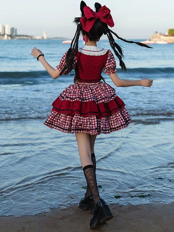Sweet Lolita Outfits Red Plaid Bows Ruffles Short Sleeves Top Skirt - Image 7