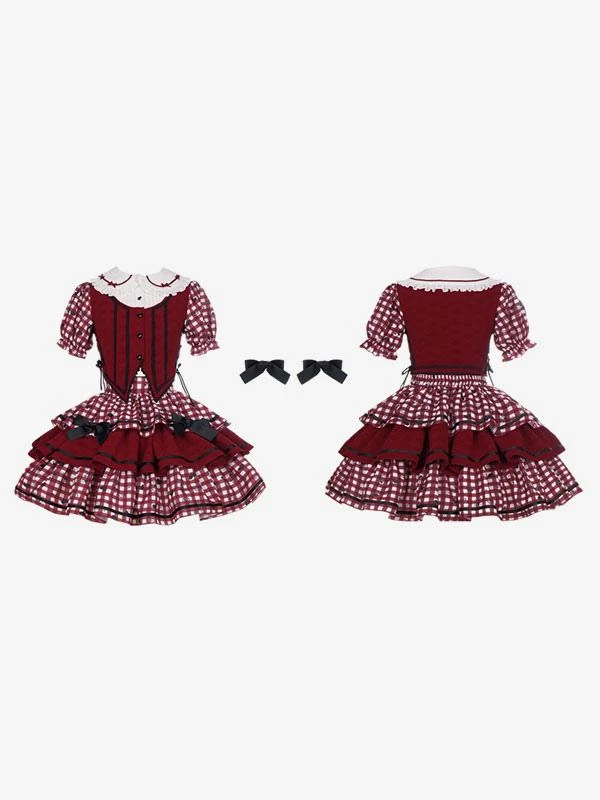 Sweet Lolita Outfits Red Plaid Bows Ruffles Short Sleeves Top Skirt - Image 8