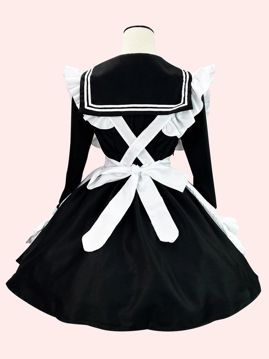 Maid Lolita Dress Polyester Long Sleeves Ruffles Navy Style Lolita Dress - Image 3