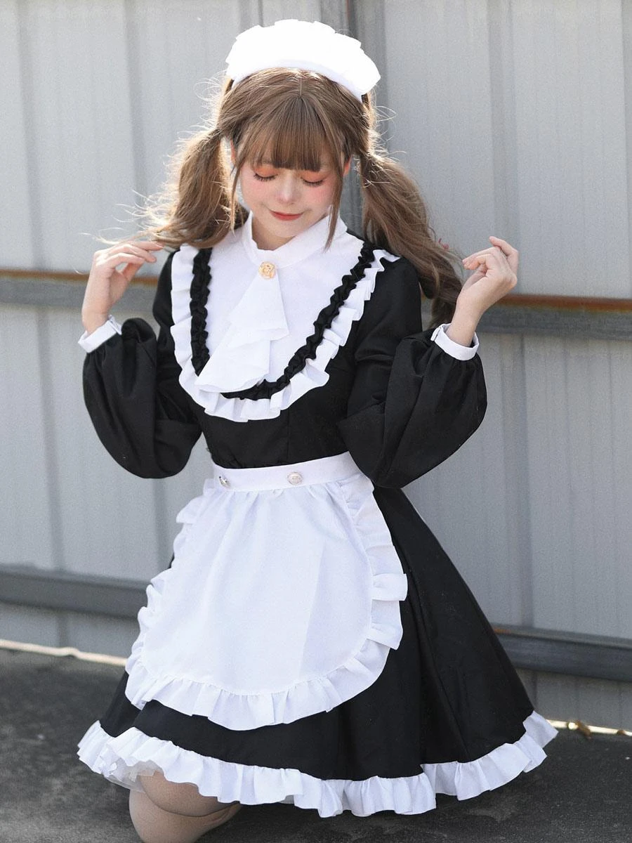 Black Maid Lolita Dresses Ruffles Long Sleeves Double Buckles Lolita Dress - Image 7
