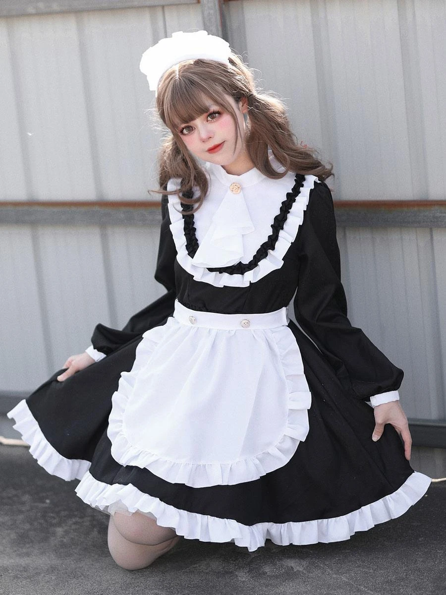 Black Maid Lolita Dresses Ruffles Long Sleeves Double Buckles Lolita Dress - Image 6