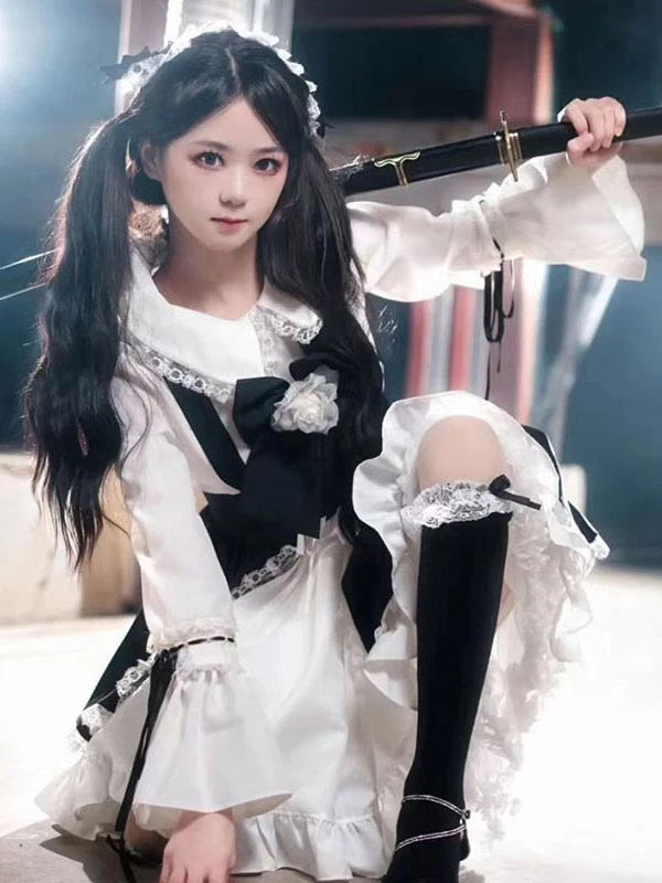 Black Maid Lolita Dresses Ruffles Double Lines White Apron Lolita Dress - Image 5