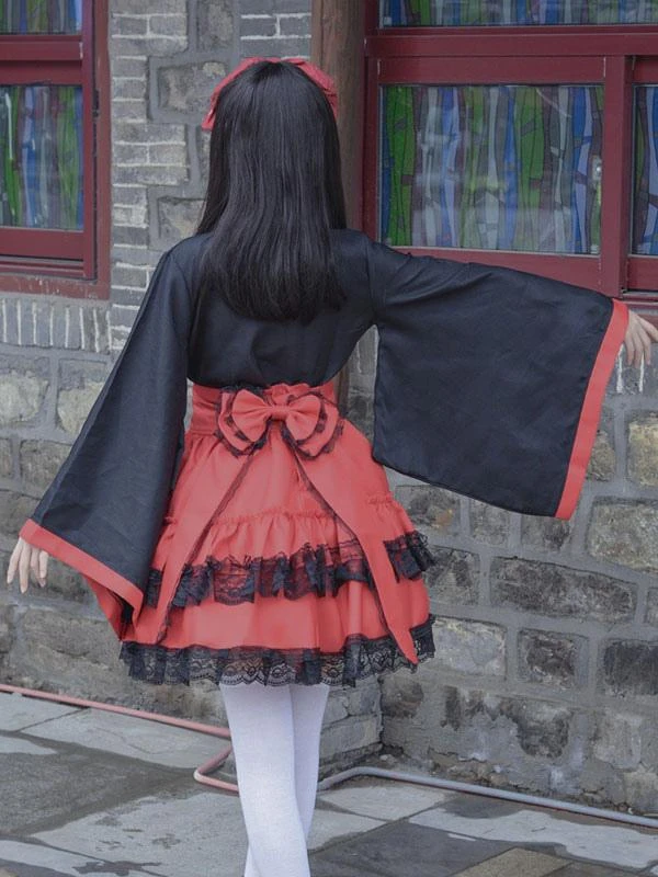Japanese Style Maid Lolita Costumes Lolita Dresses Polyester Ruffles Kimono Long Sleeves Dress - Image 6