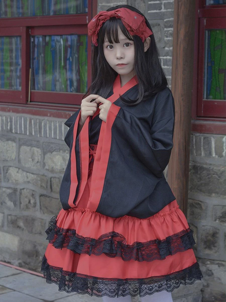 Japanese Style Maid Lolita Costumes Lolita Dresses Polyester Ruffles Kimono Long Sleeves Dress - Image 5