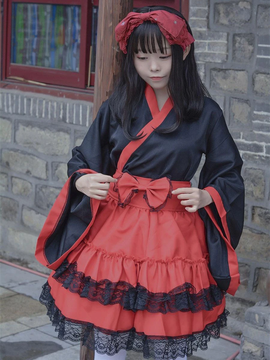 Japanese Style Maid Lolita Costumes Lolita Dresses Polyester Ruffles Kimono Long Sleeves Dress - Image 4