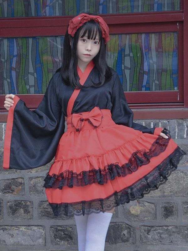 Japanese Style Maid Lolita Costumes Lolita Dresses Polyester Ruffles Kimono Long Sleeves Dress - Image 3