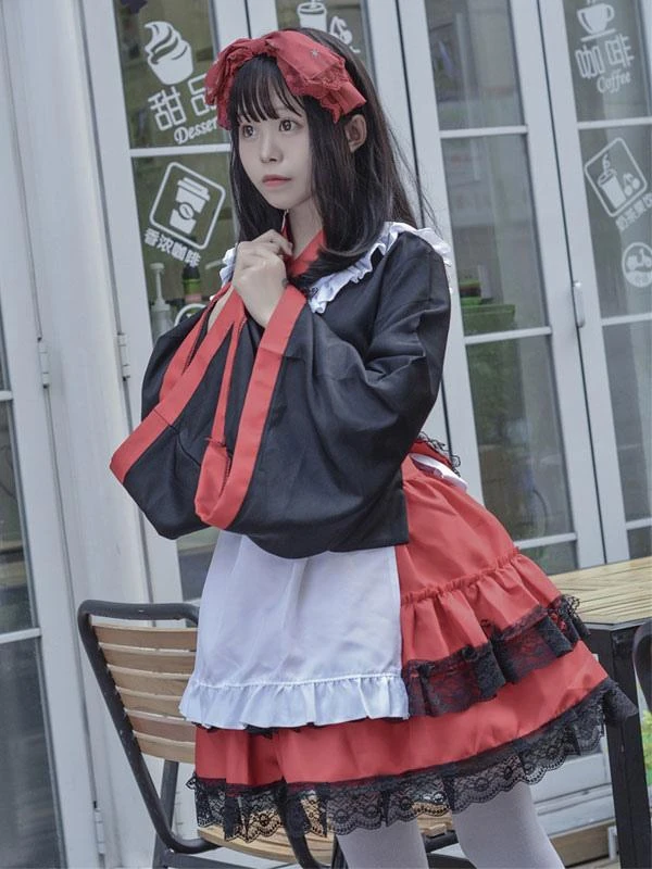 Japanese Style Maid Lolita Costumes Lolita Dresses Polyester Ruffles Kimono Long Sleeves Dress - Image 2
