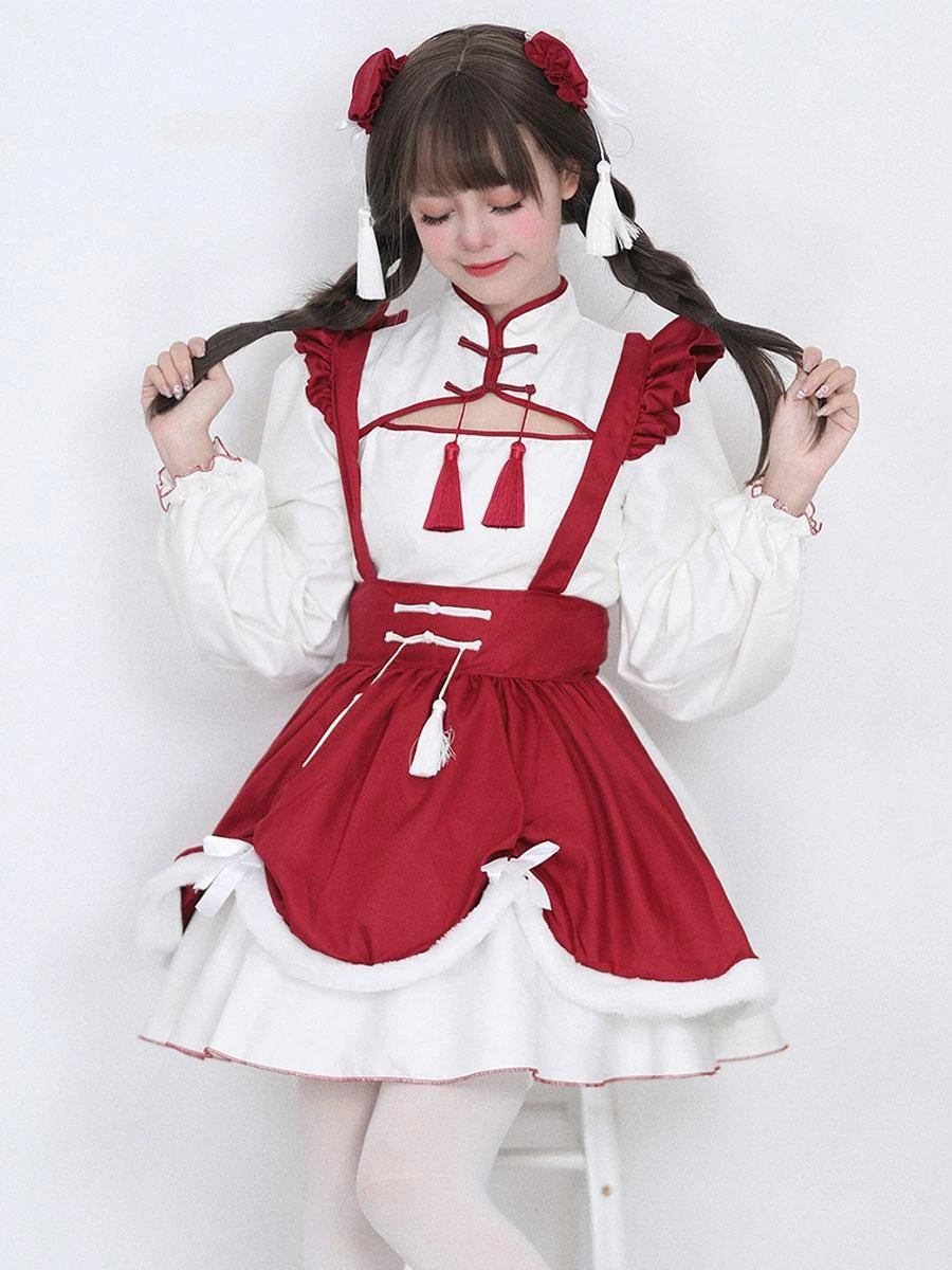 Chinese Style Maid Lolita Dress Ruffles Long Sleeves Polyester Red Lolita Dress - Image 3