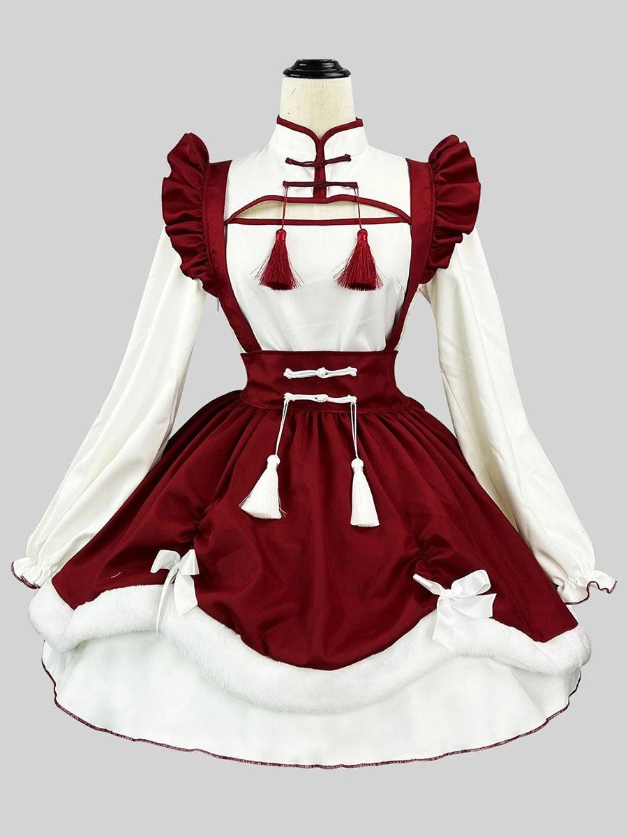 Chinese Style Maid Lolita Dress Ruffles Long Sleeves Polyester Red Lolita Dress - Image 4