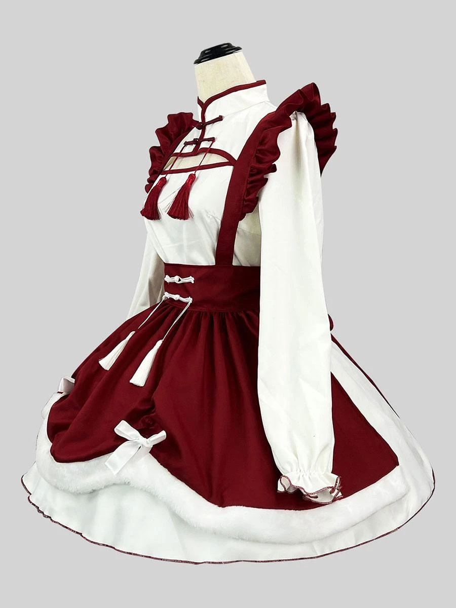 Chinese Style Maid Lolita Dress Ruffles Long Sleeves Polyester Red Lolita Dress - Image 5