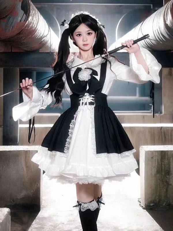 Black Maid Lolita Dresses Ruffles Double Lines White Apron Lolita Dress - Image 2