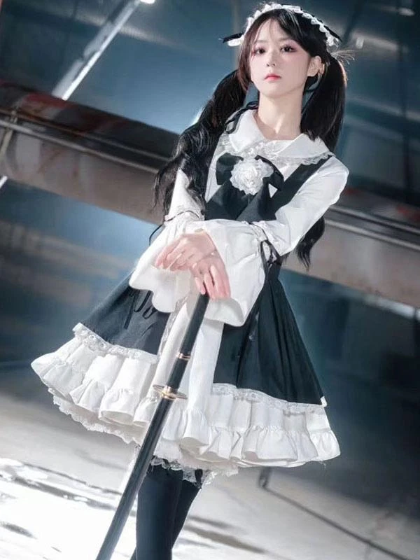 Black Maid Lolita Dresses Ruffles Double Lines White Apron Lolita Dress - Image 3