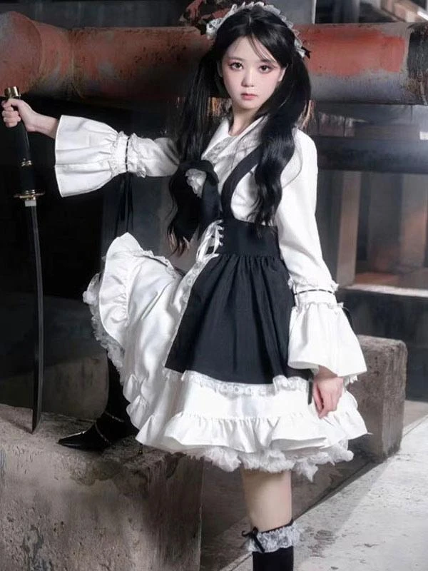 Black Maid Lolita Dresses Ruffles Double Lines White Apron Lolita Dress - Image 4