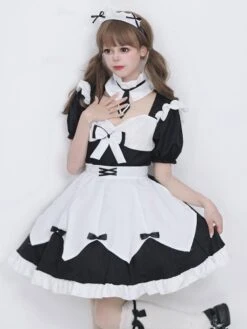 Maid Lolita Dresses Ruffles Lace Bandage Bows Black Lolita Dress