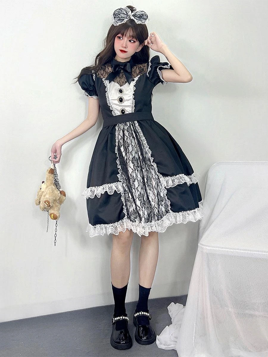 Maid Lolita Dresses Ruffles Lace Black Short Sleeves Lolita Dress - Image 2