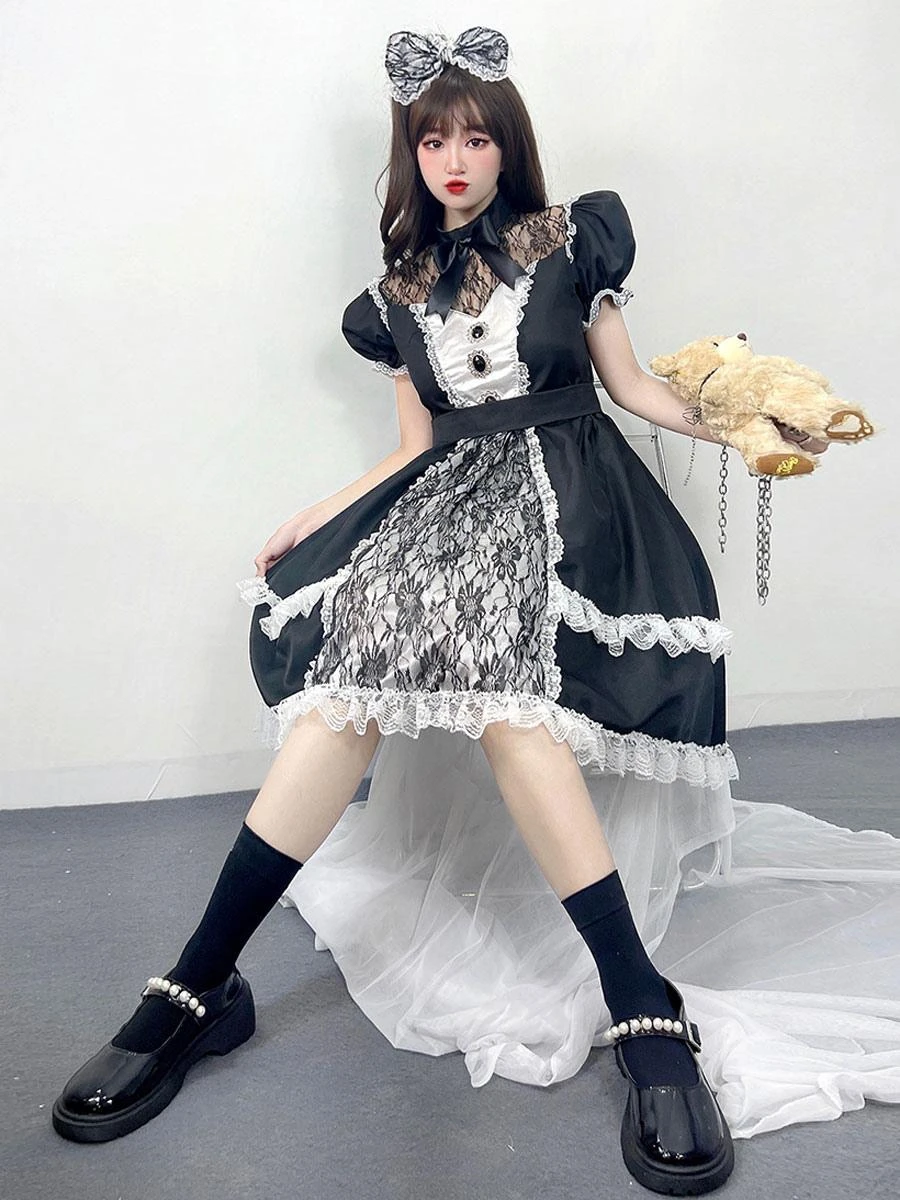 Maid Lolita Dresses Ruffles Lace Black Short Sleeves Lolita Dress - Image 3