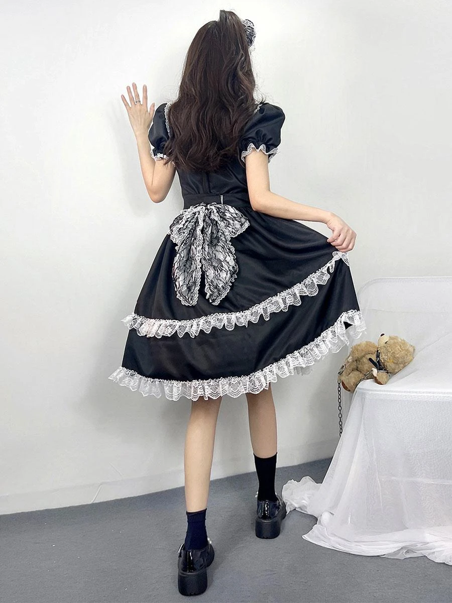 Maid Lolita Dresses Ruffles Lace Black Short Sleeves Lolita Dress - Image 4