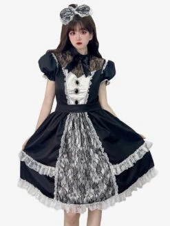 Maid Lolita Dresses Ruffles Lace Black Short Sleeves Lolita Dress
