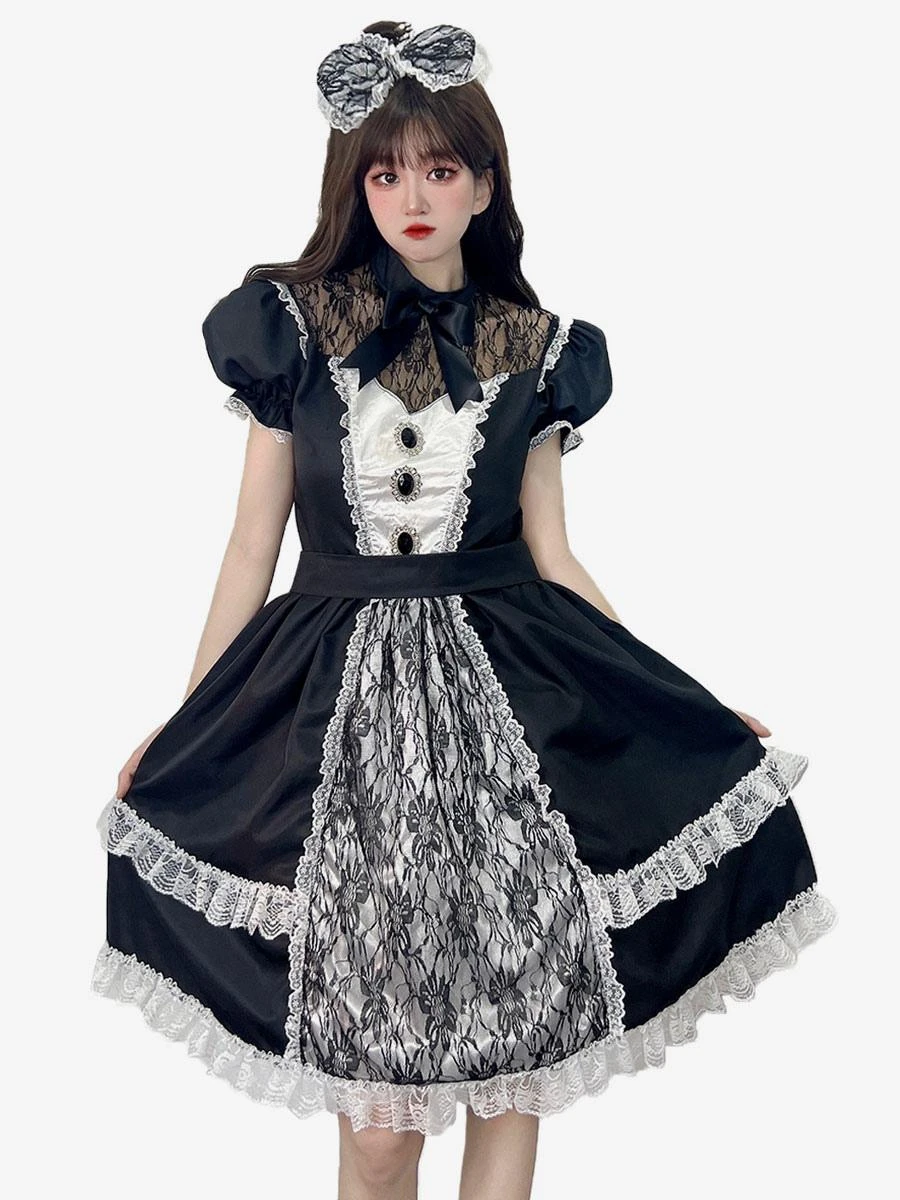 Maid Lolita Dresses Ruffles Lace Black Short Sleeves Lolita Dress
