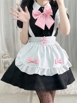 Maid Lolita Dress Polyester Pink Bow Short Sleeves Lolita Dress