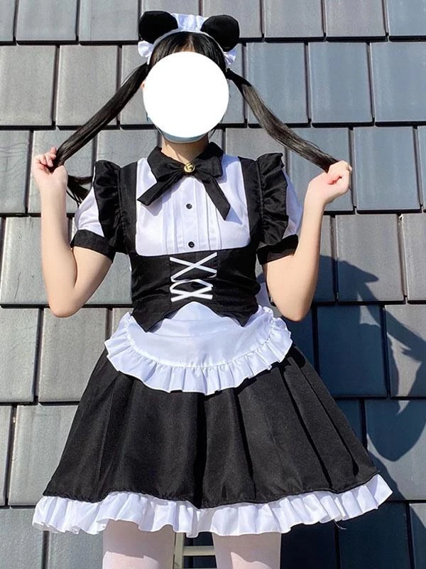 Maid Lolita Dresses Ruffles Bows Bandage Black Lolita Dress
