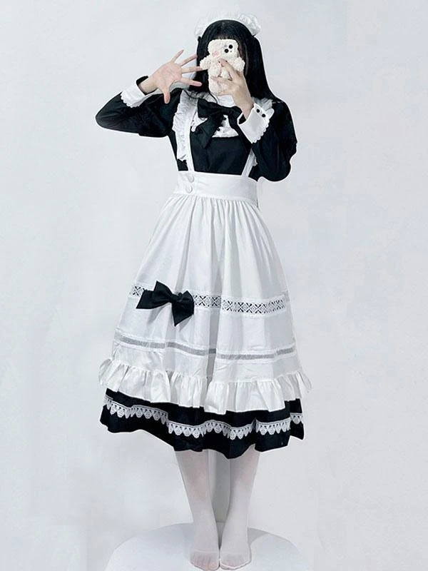 Gothic Maid Lolita Dresses Bows Ruffles Long Sleeves Black Lolita Dress