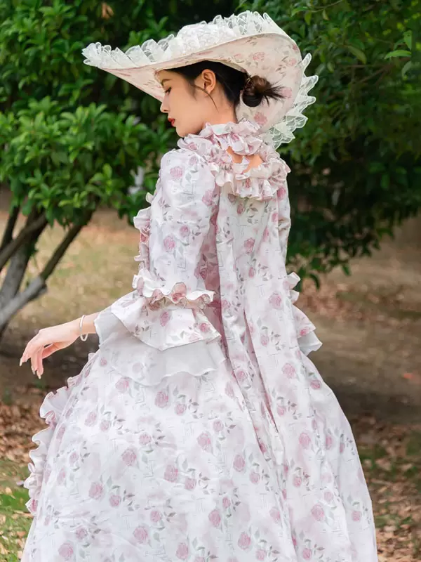 Pink Retro Costumes Ruffles Polyester Floral Print Hat Marie Antoinette Costume Women's Vintage Tunic 18th Century Costume - Image 7