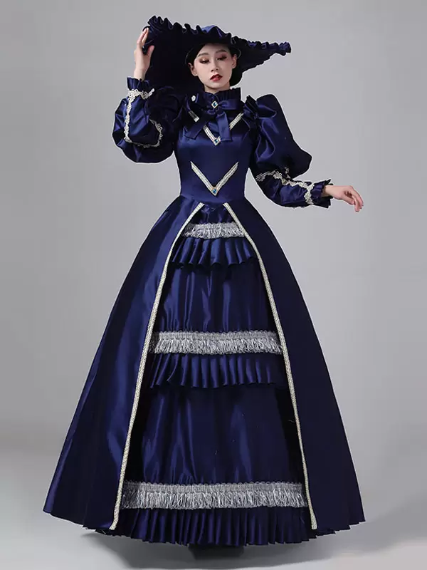 Dark Navy Retro Costumes Ruffles Polyester Dress Marie Antoinette Costume Women's Royal Tunic Vintage Clothing - Image 8
