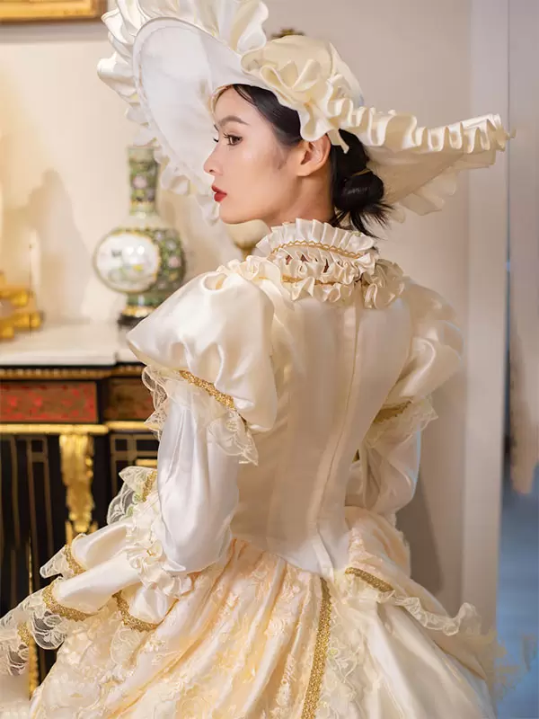 Champagne Retro Costumes Women's Marie Antoinette Costume Lace Ruffles Polyester Tunic Dress Choker Vintage 18th Century Costume - Image 7