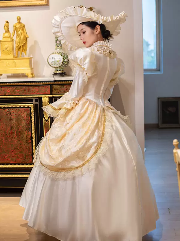 Champagne Retro Costumes Women's Marie Antoinette Costume Lace Ruffles Polyester Tunic Dress Choker Vintage 18th Century Costume - Image 6