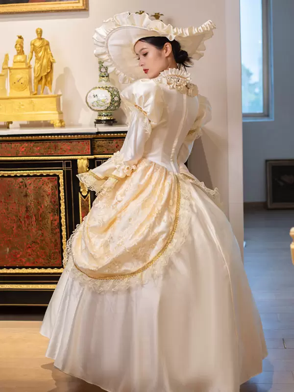 Champagne Retro Costumes Women's Marie Antoinette Costume Lace Ruffles Polyester Tunic Dress Choker Vintage 18th Century Costume - Image 5