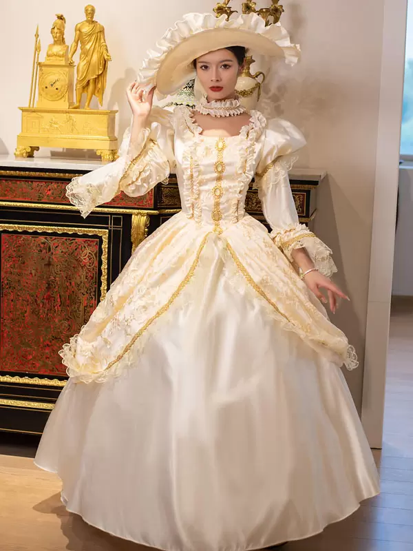 Champagne Retro Costumes Women's Marie Antoinette Costume Lace Ruffles Polyester Tunic Dress Choker Vintage 18th Century Costume - Image 3