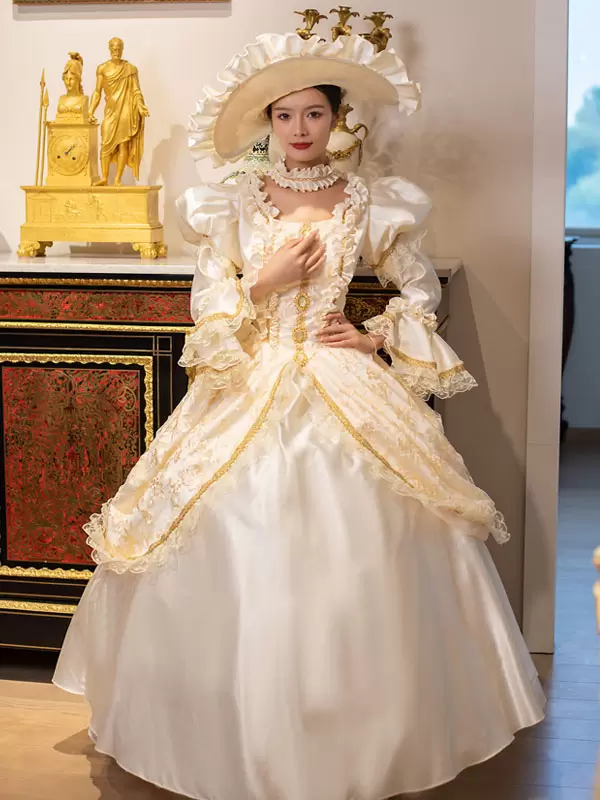 Champagne Retro Costumes Women's Marie Antoinette Costume Lace Ruffles Polyester Tunic Dress Choker Vintage 18th Century Costume - Image 2