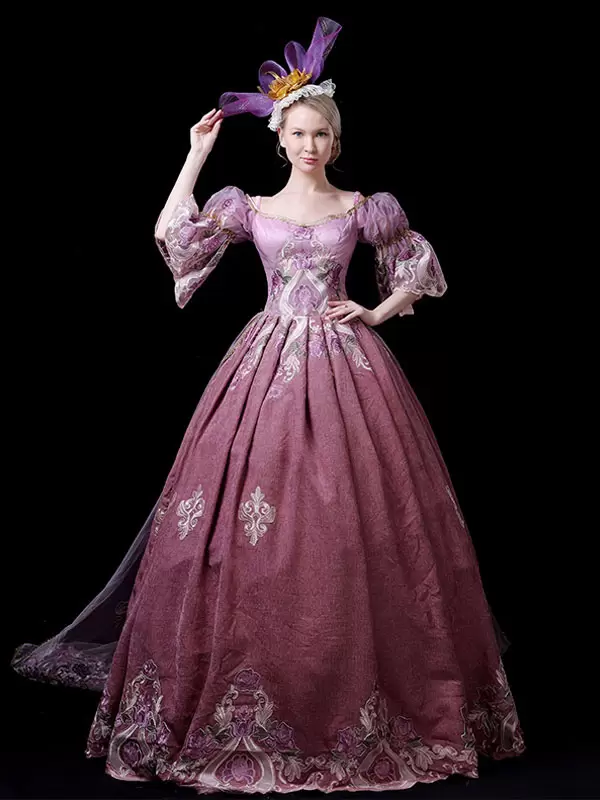 Fuchsia Pink Retro Costumes Embroidered Polyester Dress Marie Antoinette Costume Women's Royal Tunic Party Prom Dress