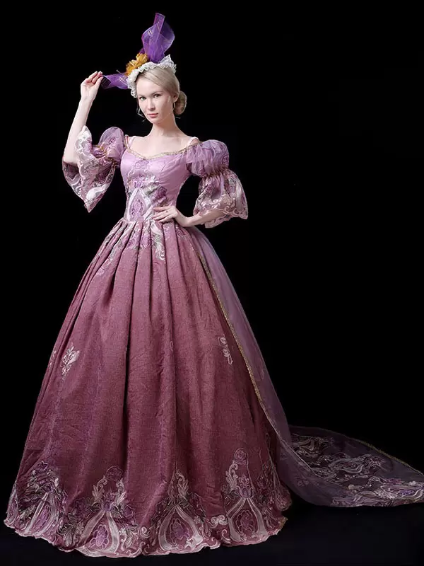 Fuchsia Pink Retro Costumes Embroidered Polyester Dress Marie Antoinette Costume Women's Royal Tunic Party Prom Dress - Image 3