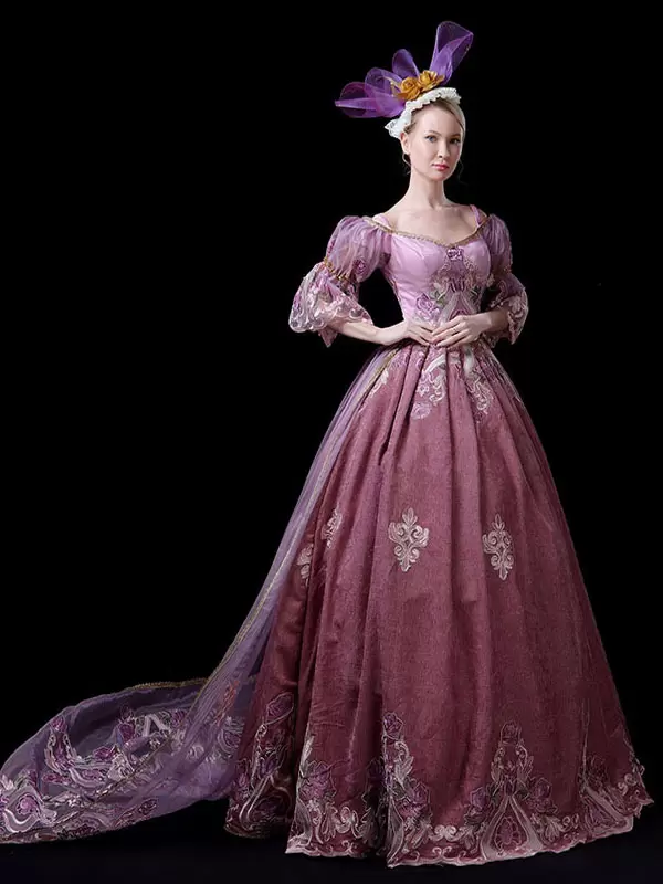 Fuchsia Pink Retro Costumes Embroidered Polyester Dress Marie Antoinette Costume Women's Royal Tunic Party Prom Dress - Image 4