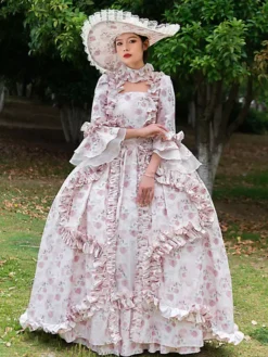 Pink Retro Costumes Ruffles Polyester Floral Print Hat Marie Antoinette Costume Women's Vintage Tunic 18th Century Costume
