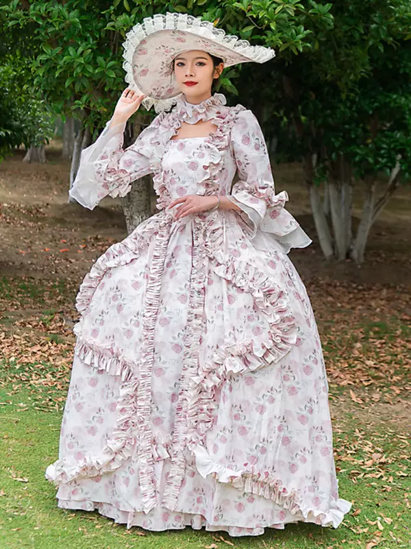 Pink Retro Costumes Ruffles Polyester Floral Print Hat Marie Antoinette Costume Women's Vintage Tunic 18th Century Costume - Image 2
