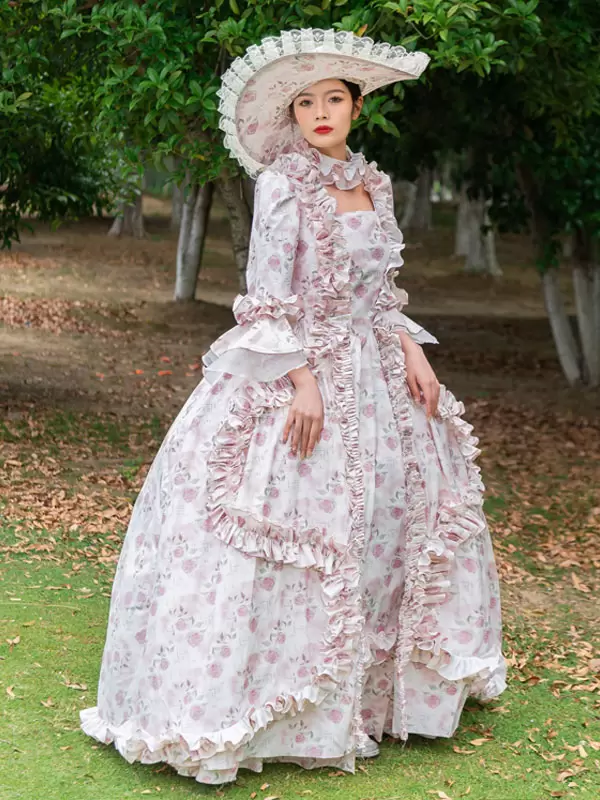Pink Retro Costumes Ruffles Polyester Floral Print Hat Marie Antoinette Costume Women's Vintage Tunic 18th Century Costume - Image 3