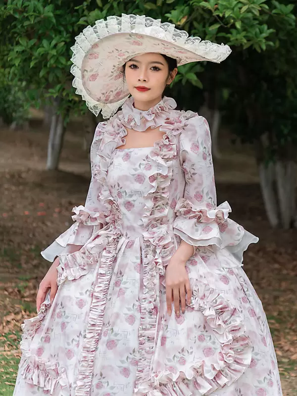 Pink Retro Costumes Ruffles Polyester Floral Print Hat Marie Antoinette Costume Women's Vintage Tunic 18th Century Costume - Image 5