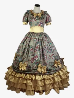 Light Brown Retro Costumes Women's Floral Print Ruffles Bows Polyester Tunic Dress Marie Antoinette Costume Royal Vintage Clothing