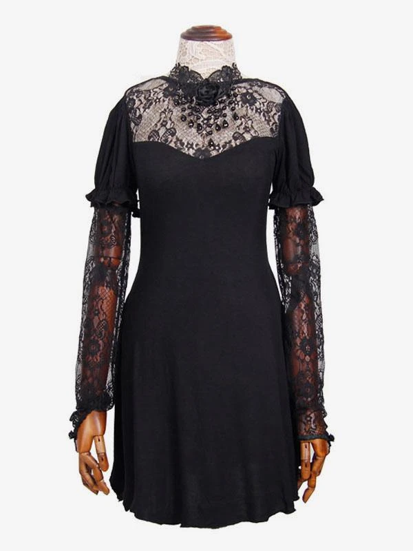 Black Gothic Punk Dress Long Sleeves Lace Lolita Dress - Image 6