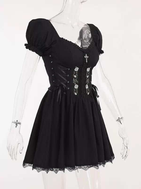 Gothic Dress Off The Shoulder Short Sleeves Lace Trimed Lolita Short Dress - Image 7