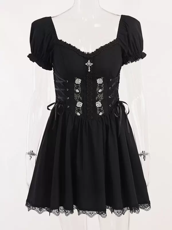 Gothic Dress Off The Shoulder Short Sleeves Lace Trimed Lolita Short Dress - Image 6