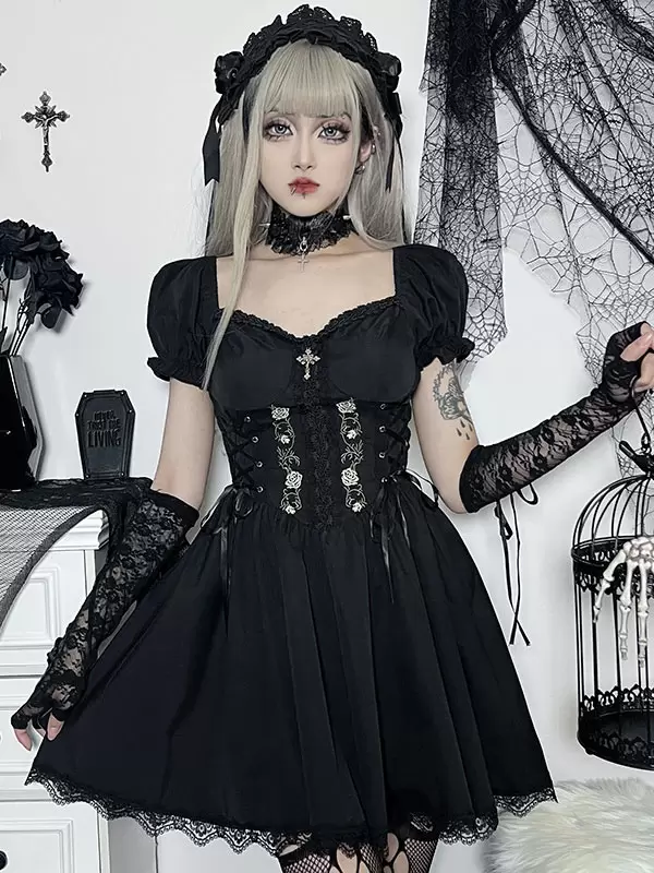 Gothic Dress Off The Shoulder Short Sleeves Lace Trimed Lolita Short Dress - Image 4